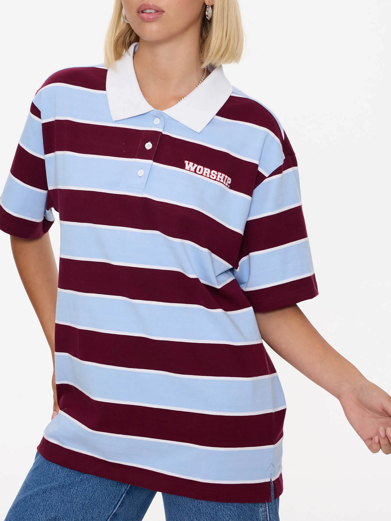 Belter Box Fit Polo - Willow Blue - Deep Cherry - Image 2