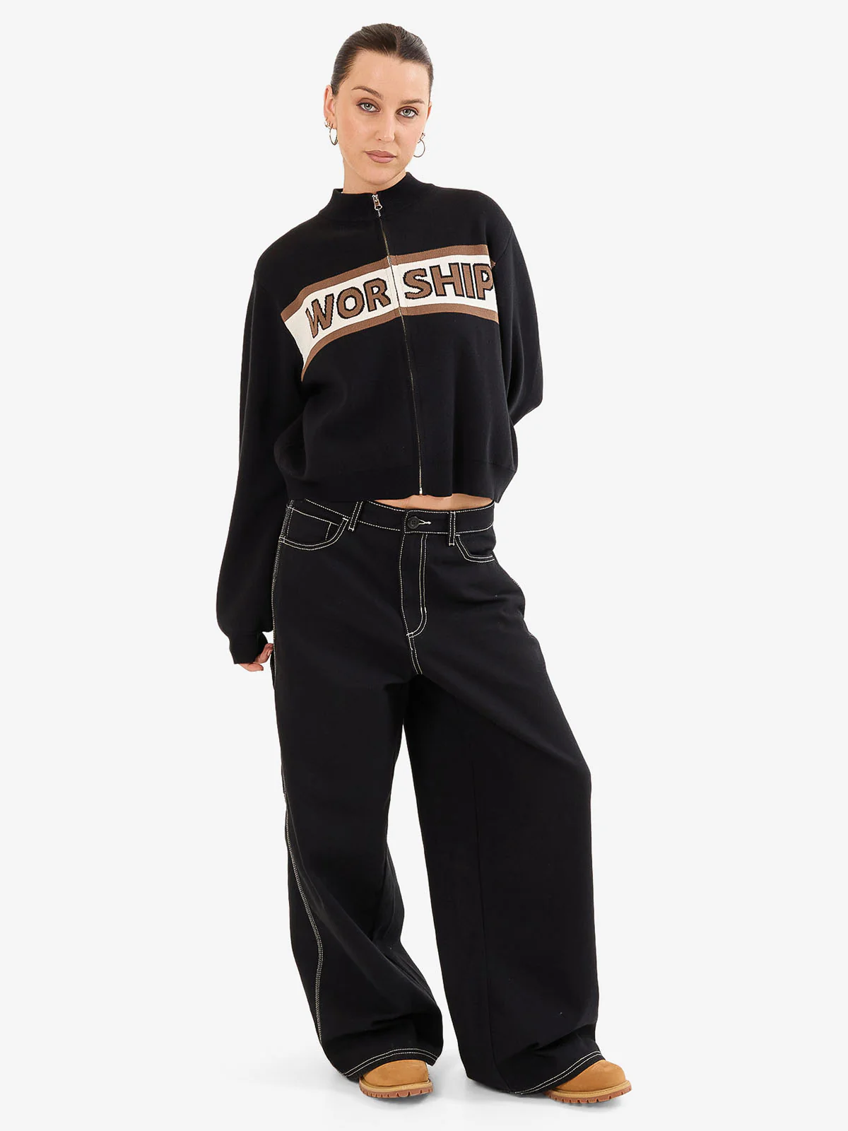Brassy Zip Front Knit Jacket - Black - Image 2