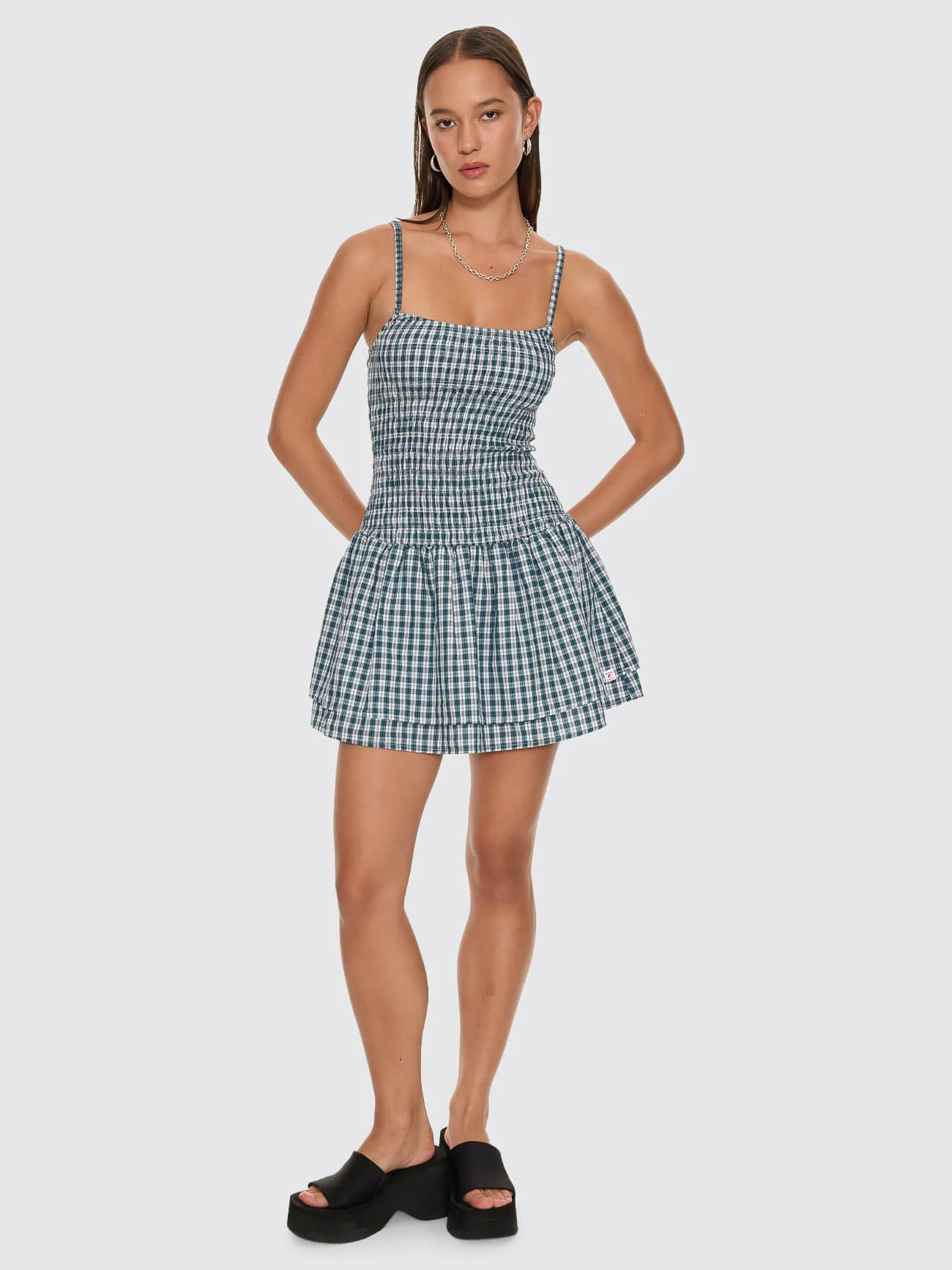 Checkmate Shirred Mini Dress - Blue - Image 2