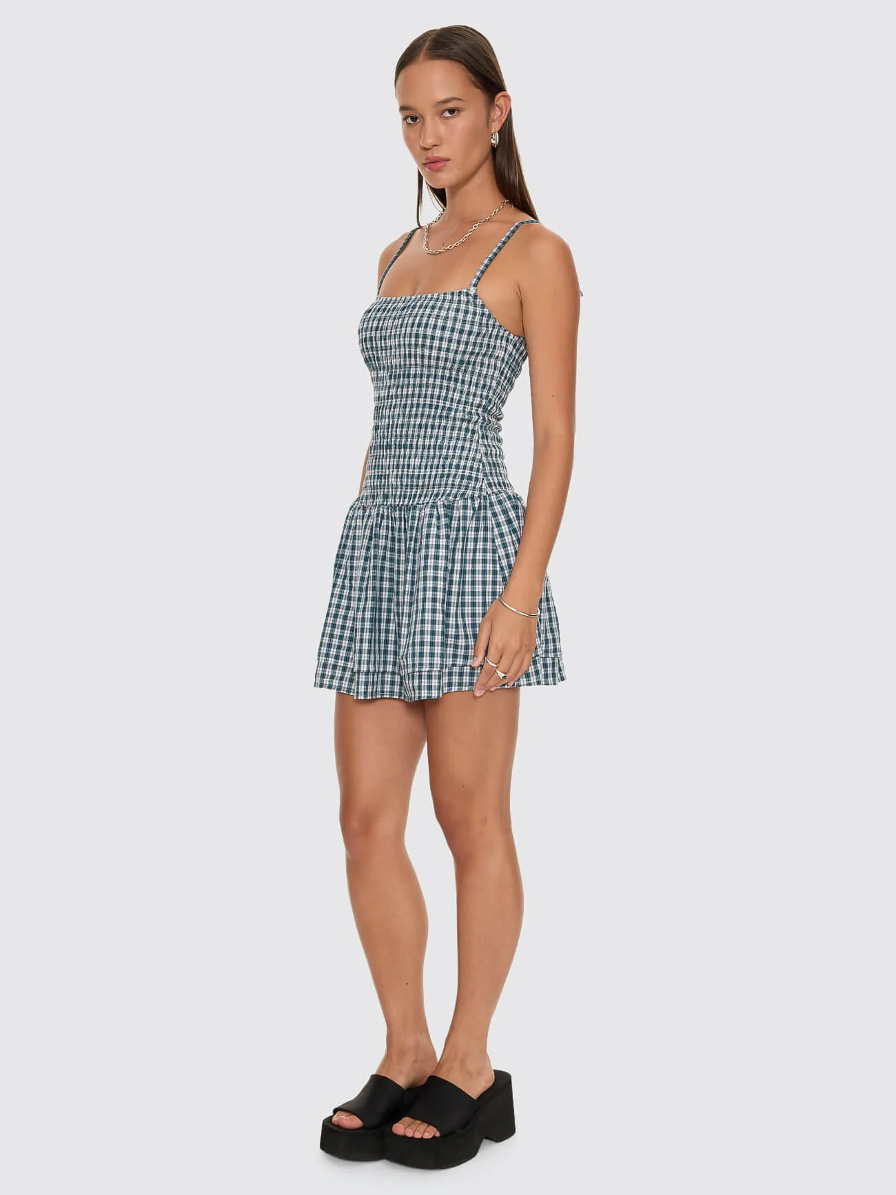 Checkmate Shirred Mini Dress - Blue - Image 3