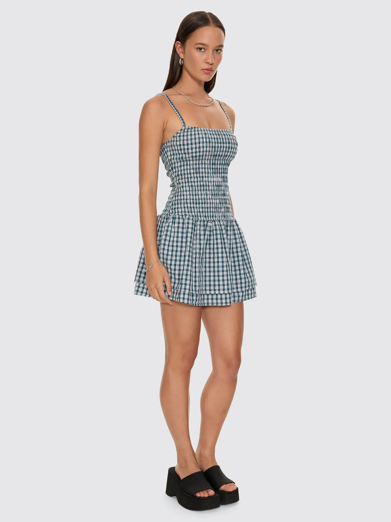 Checkmate Shirred Mini Dress - Blue - Image 5