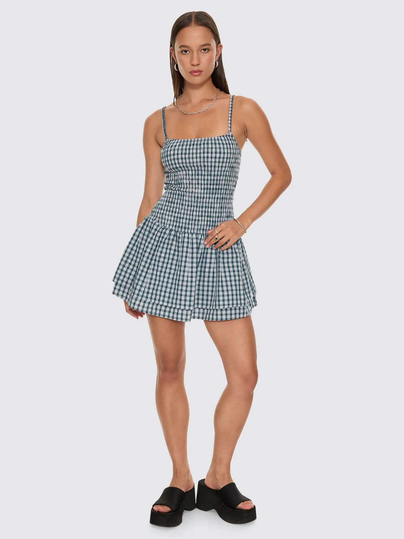 Checkmate Shirred Mini Dress - Blue - Image 6
