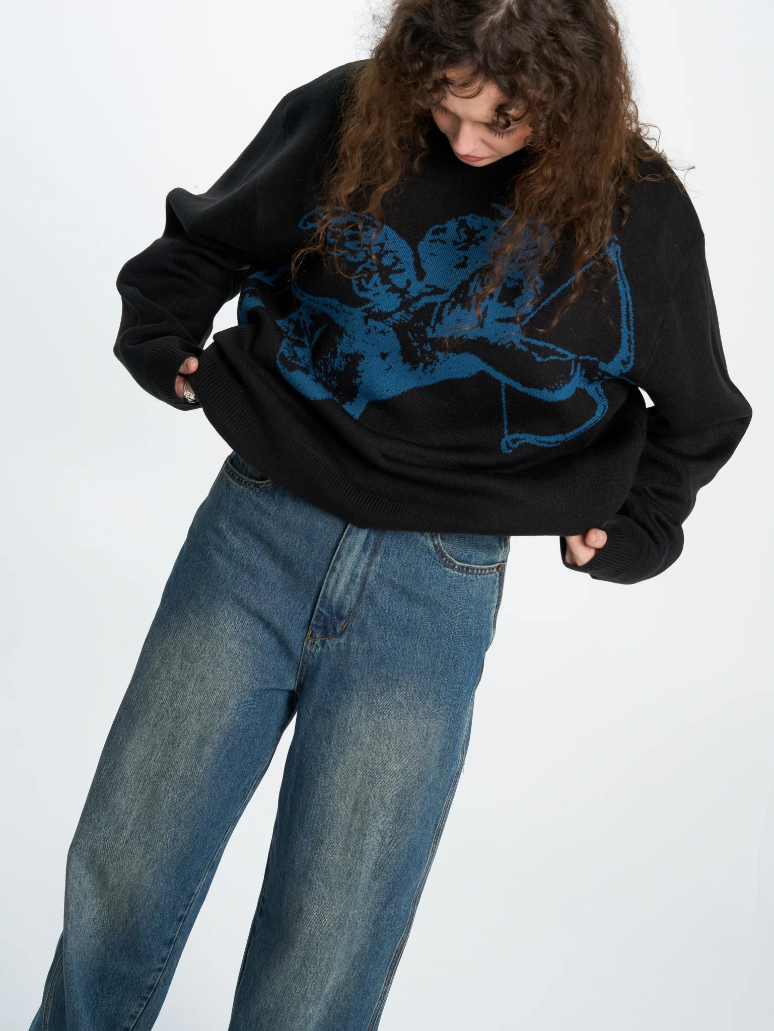 Cherub Box Fit Crew Knit - Black - Image 6