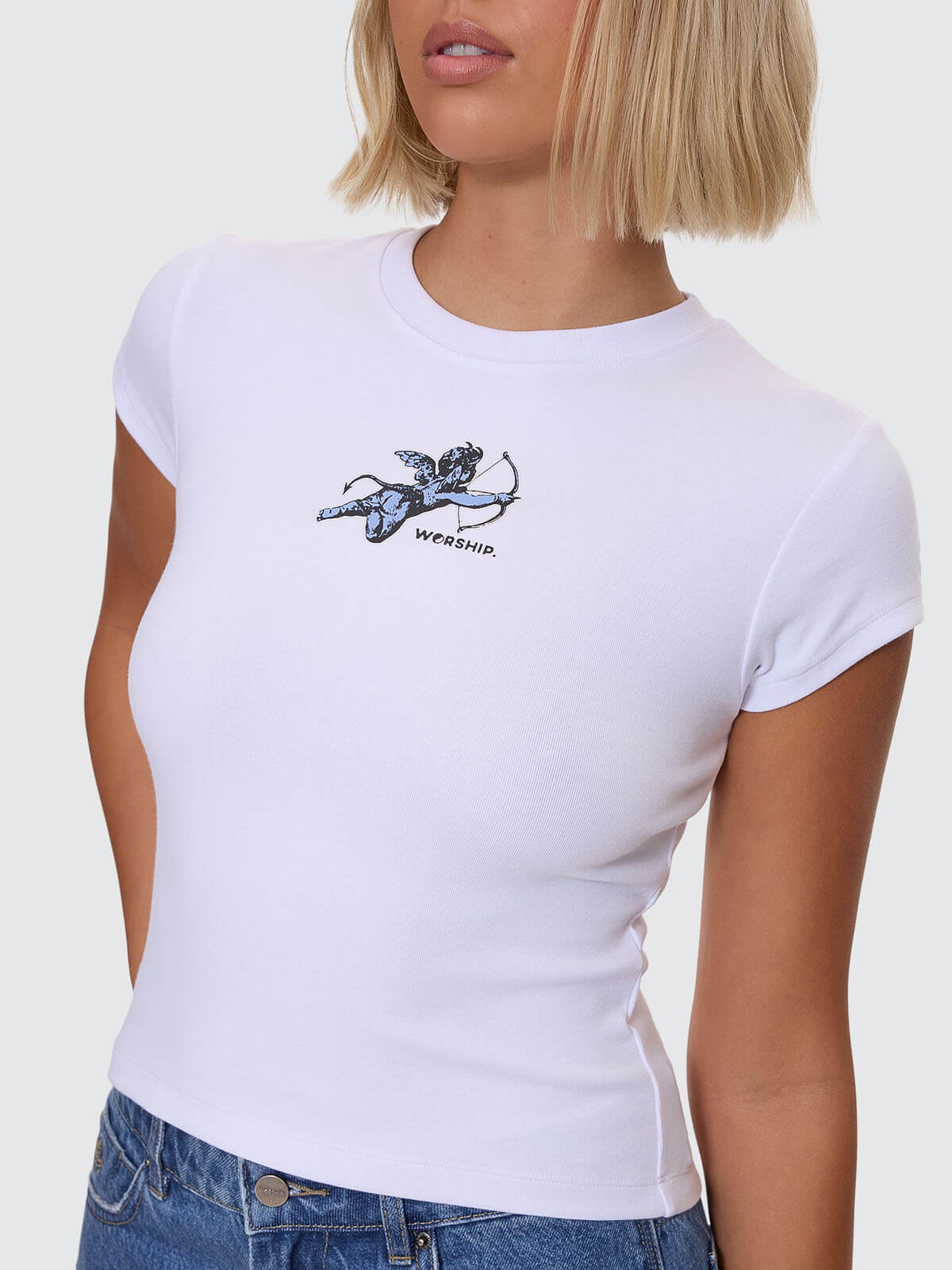 Cherub Cap Sleeve Tee - White - Blue - Image 2