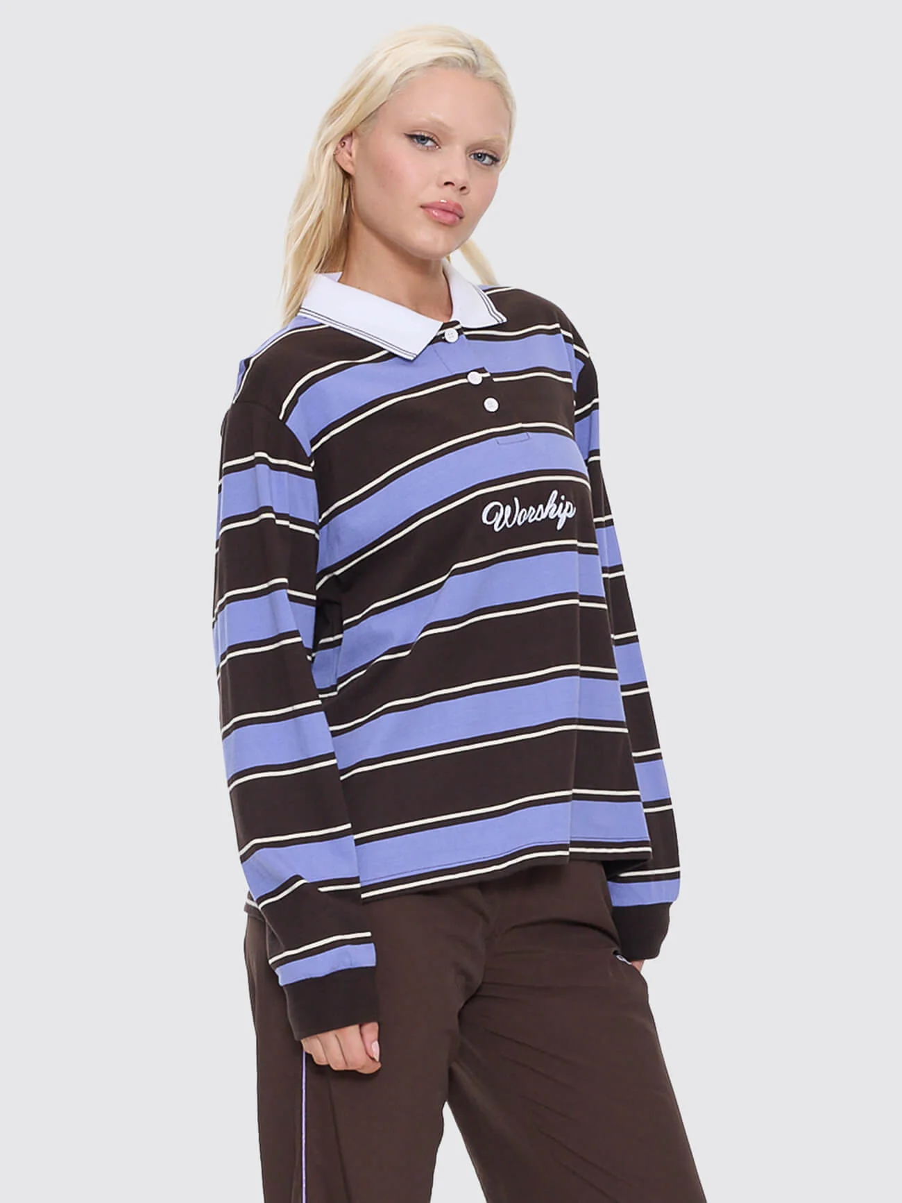 Coed Striped Long Sleeve Polo - Ganache - Image 3