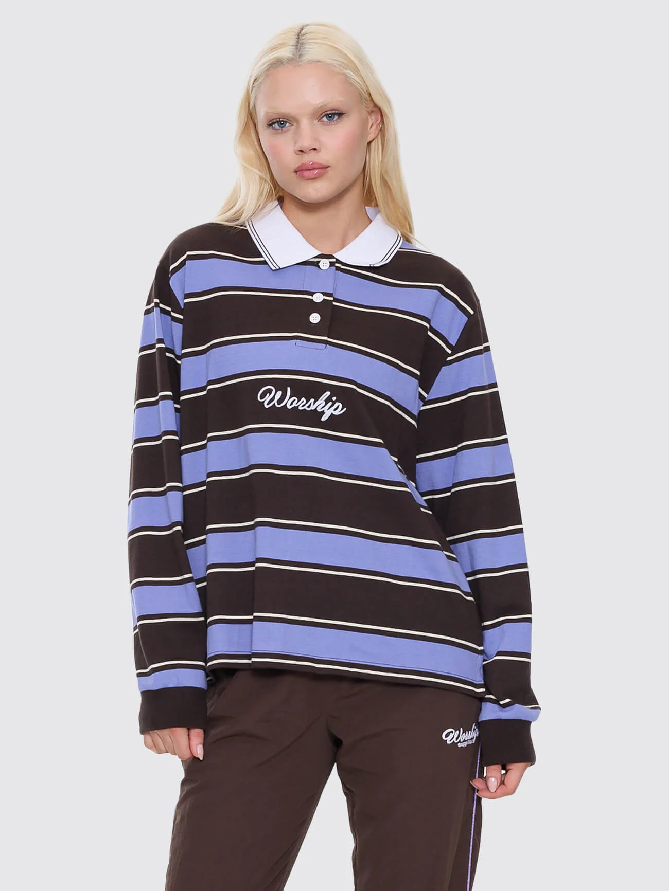 Coed Striped Long Sleeve Polo - Ganache - Image 6