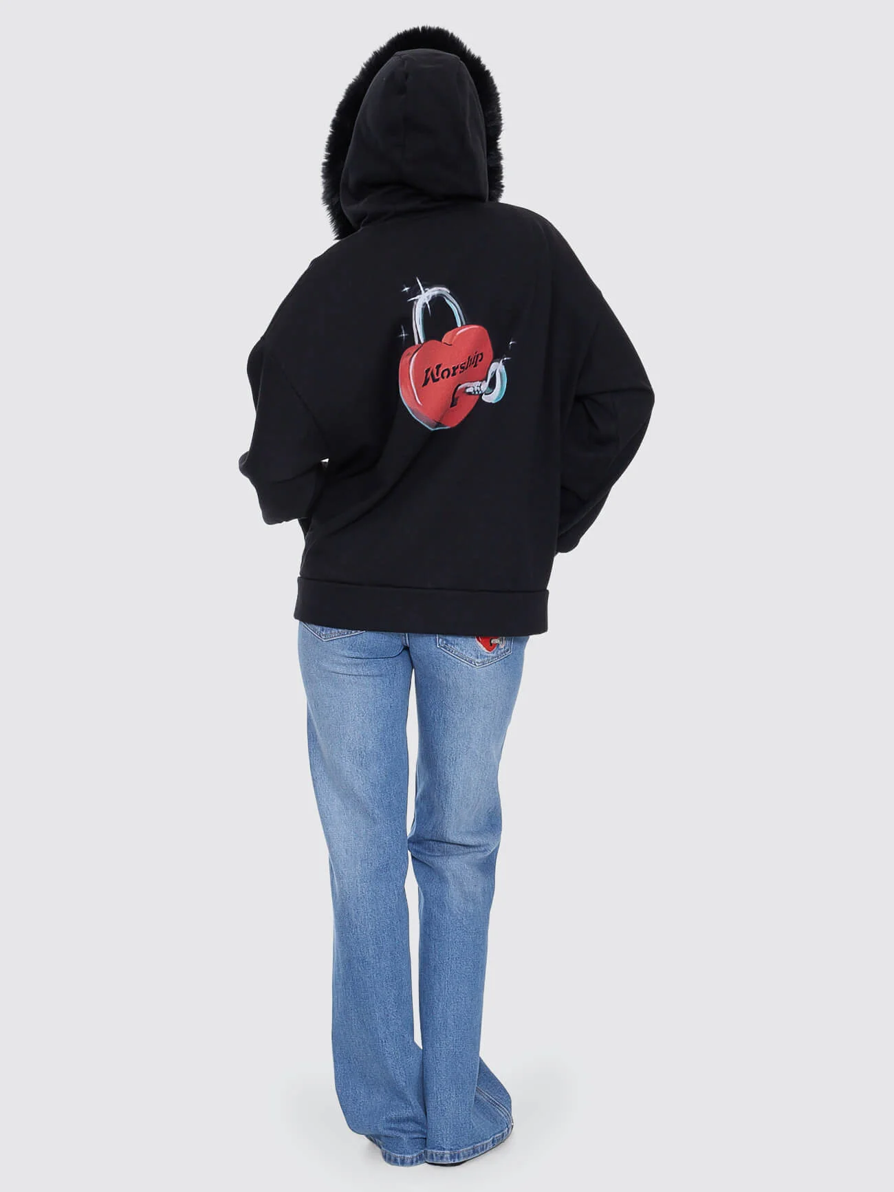 Padlock Zip Front Hood - Black Fur - Image 10