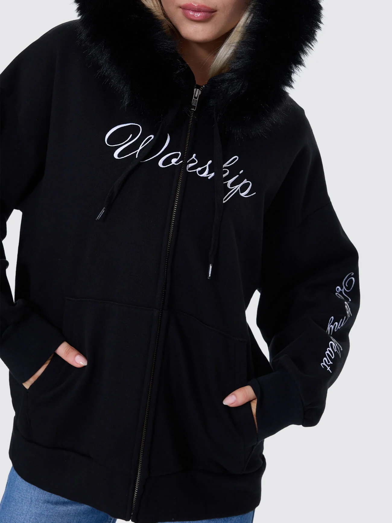Padlock Zip Front Hood - Black Fur - Image 5
