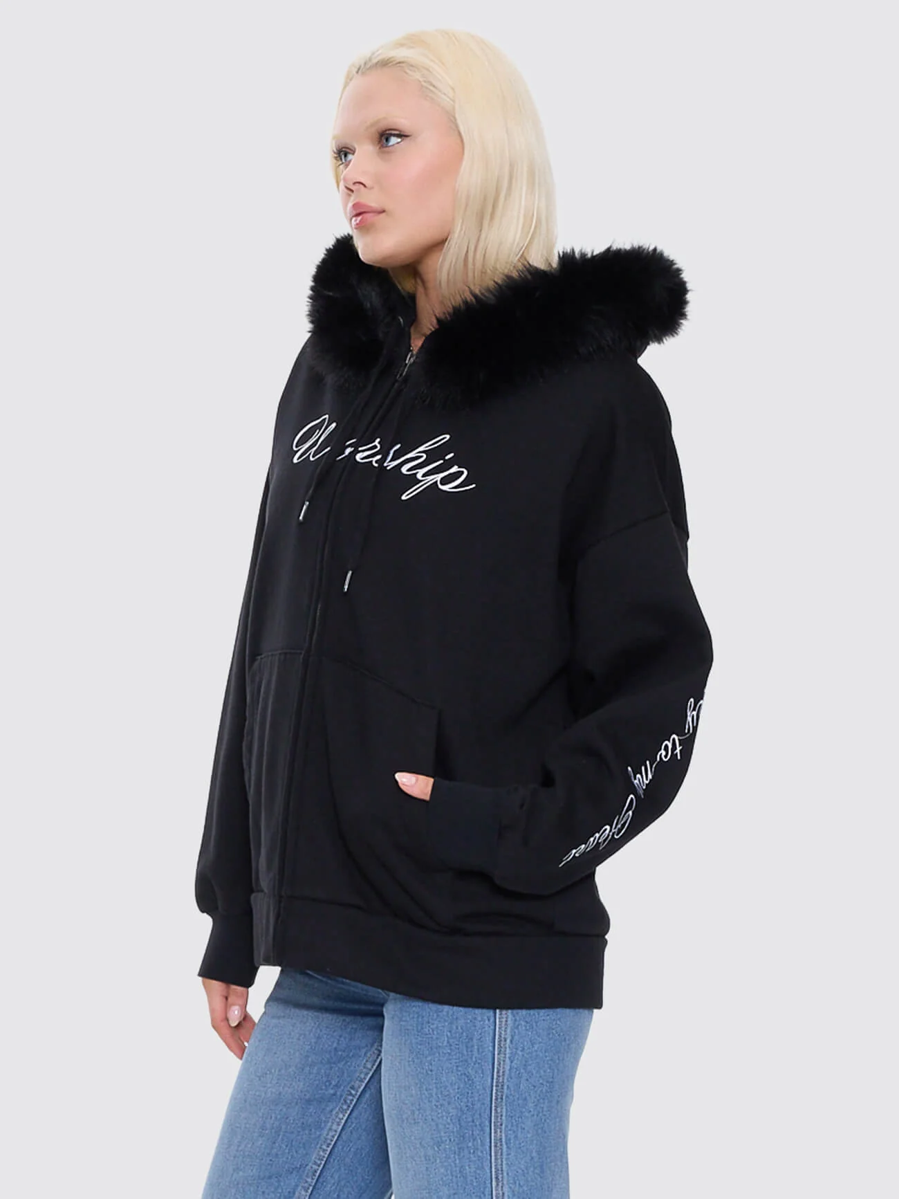 Padlock Zip Front Hood - Black Fur - Image 6