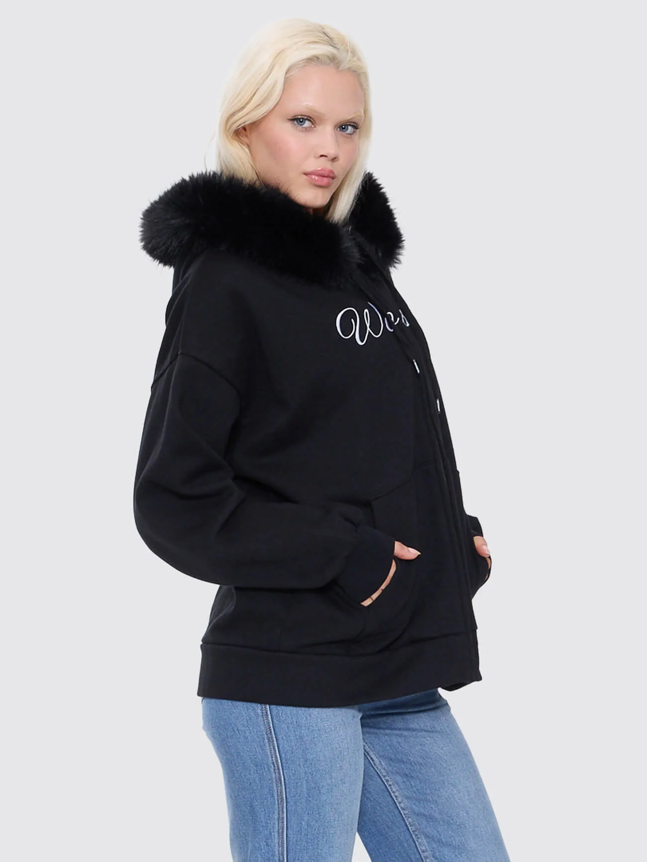 Padlock Zip Front Hood - Black Fur - Image 7