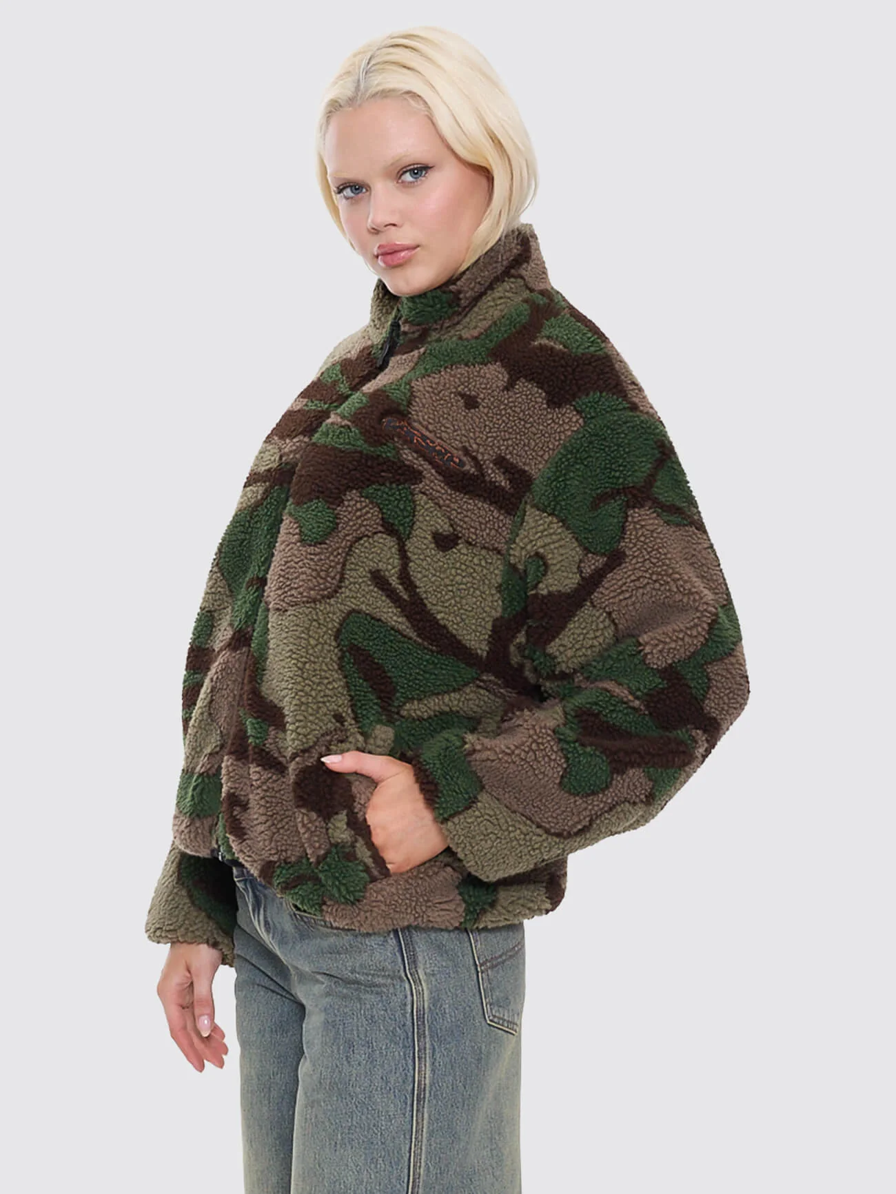 Plain Sight Zip Through Sherpa Fleece - Camo Green - Image 4