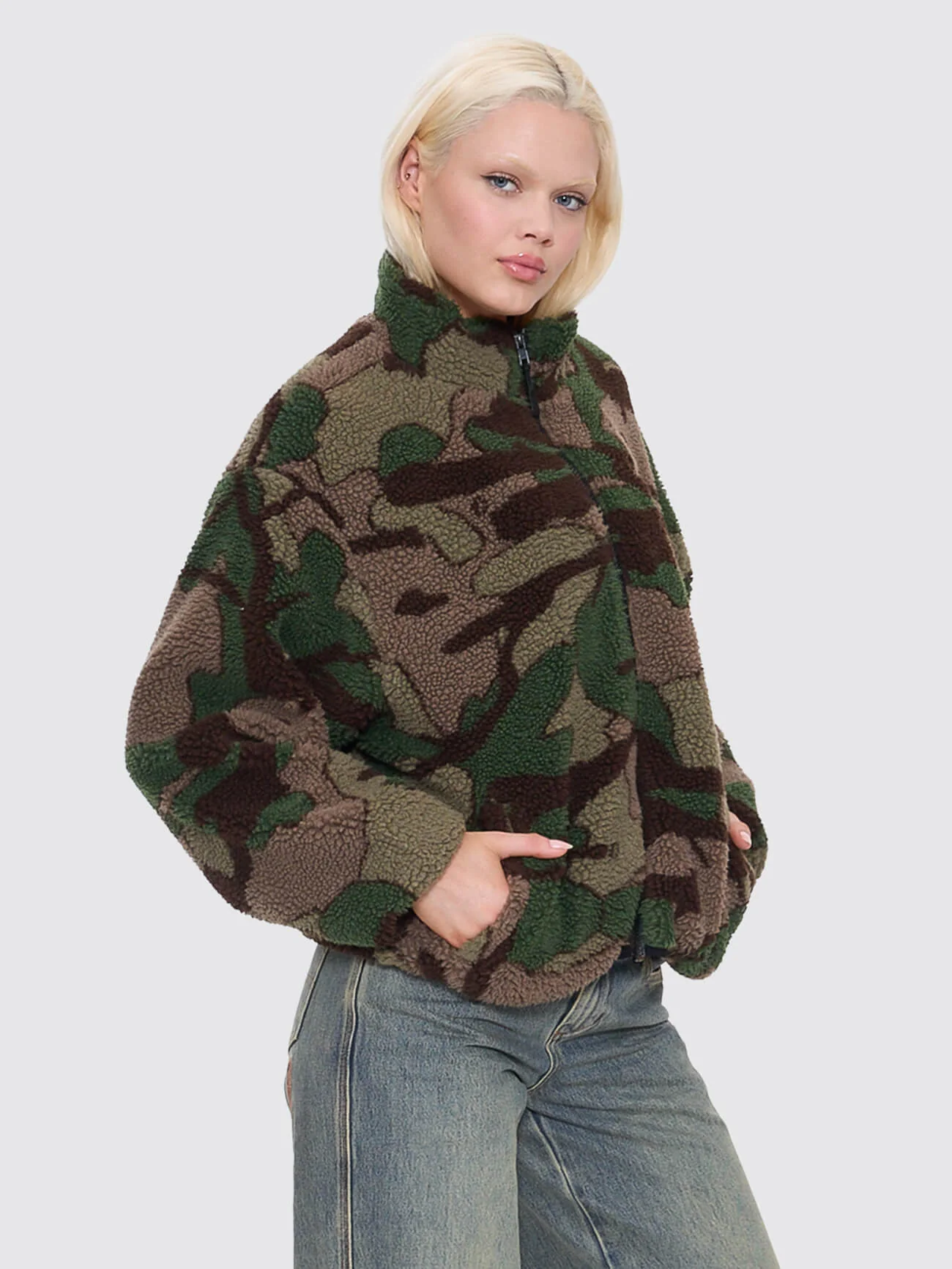 Plain Sight Zip Through Sherpa Fleece - Camo Green - Image 6