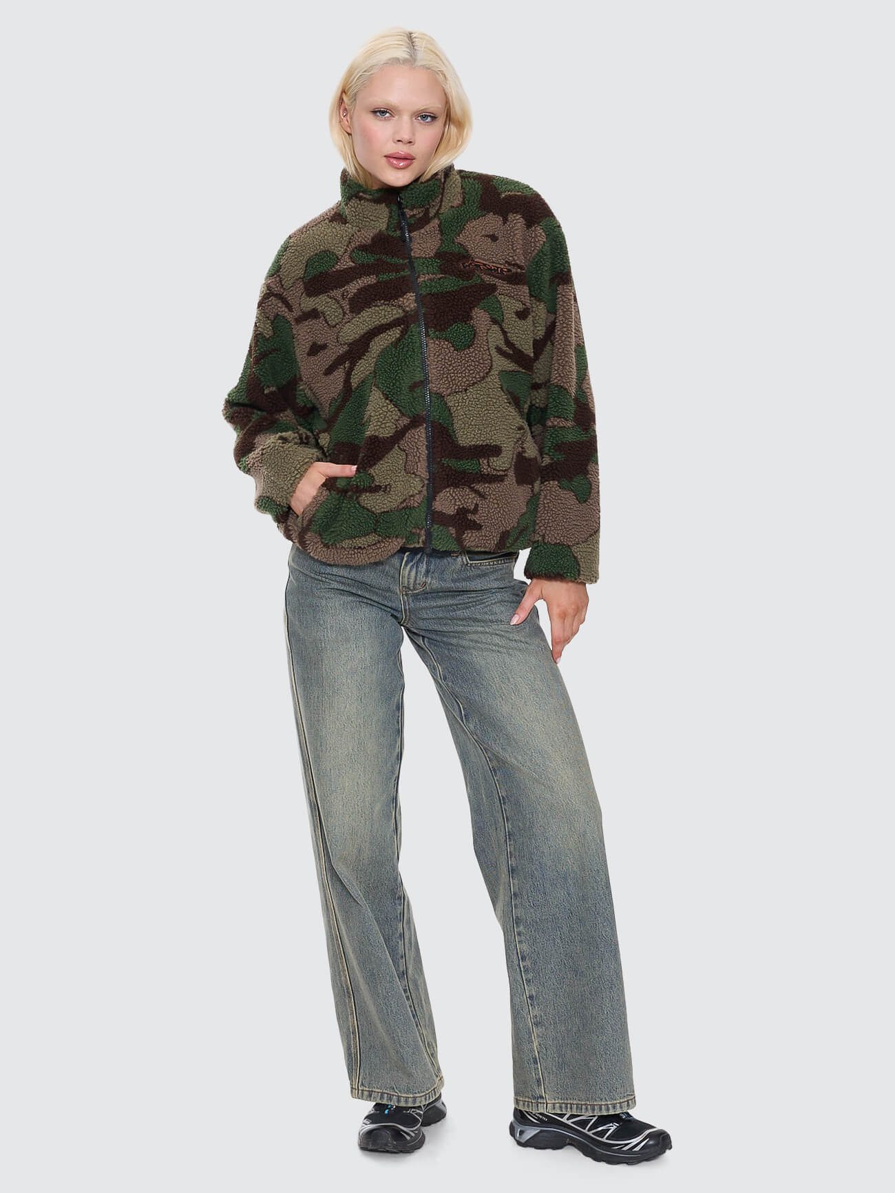 Plain Sight Zip Through Sherpa Fleece - Camo Green - Image 7