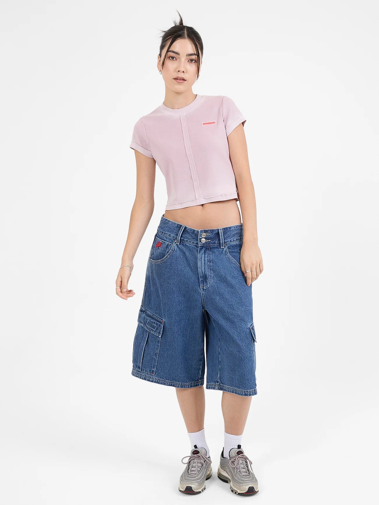 Playtime Big Kitty Cargo Denim Short - Worn Blue Rinse - Image 5