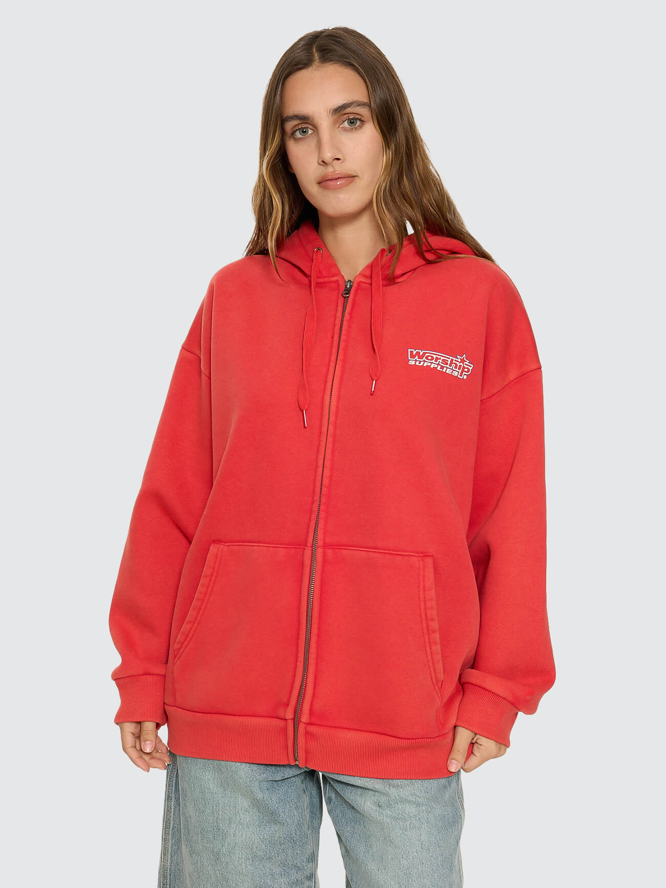 Push Off Zip Through Oversized Fit Hood - Washed Lucky Red - Image 3