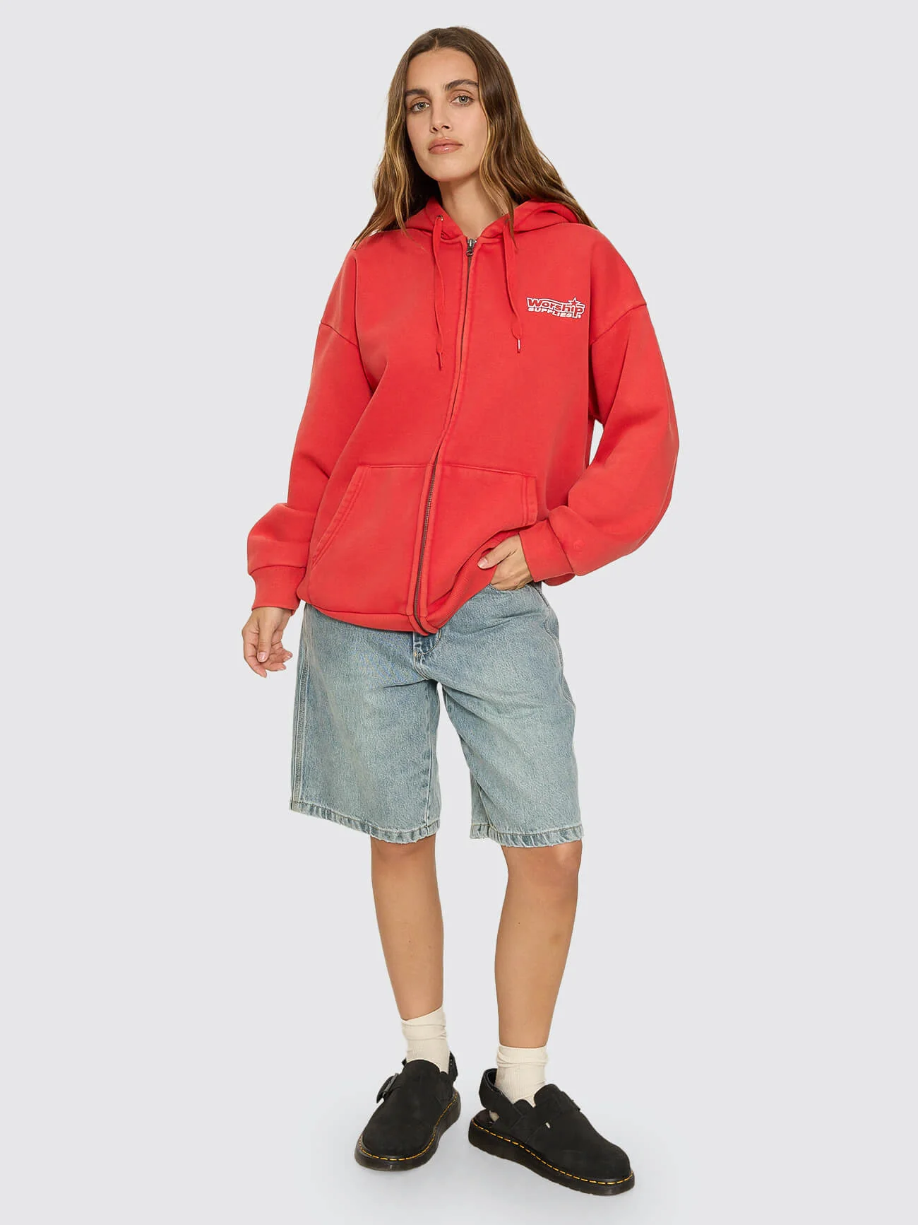 Push Off Zip Through Oversized Fit Hood - Washed Lucky Red - Image 4