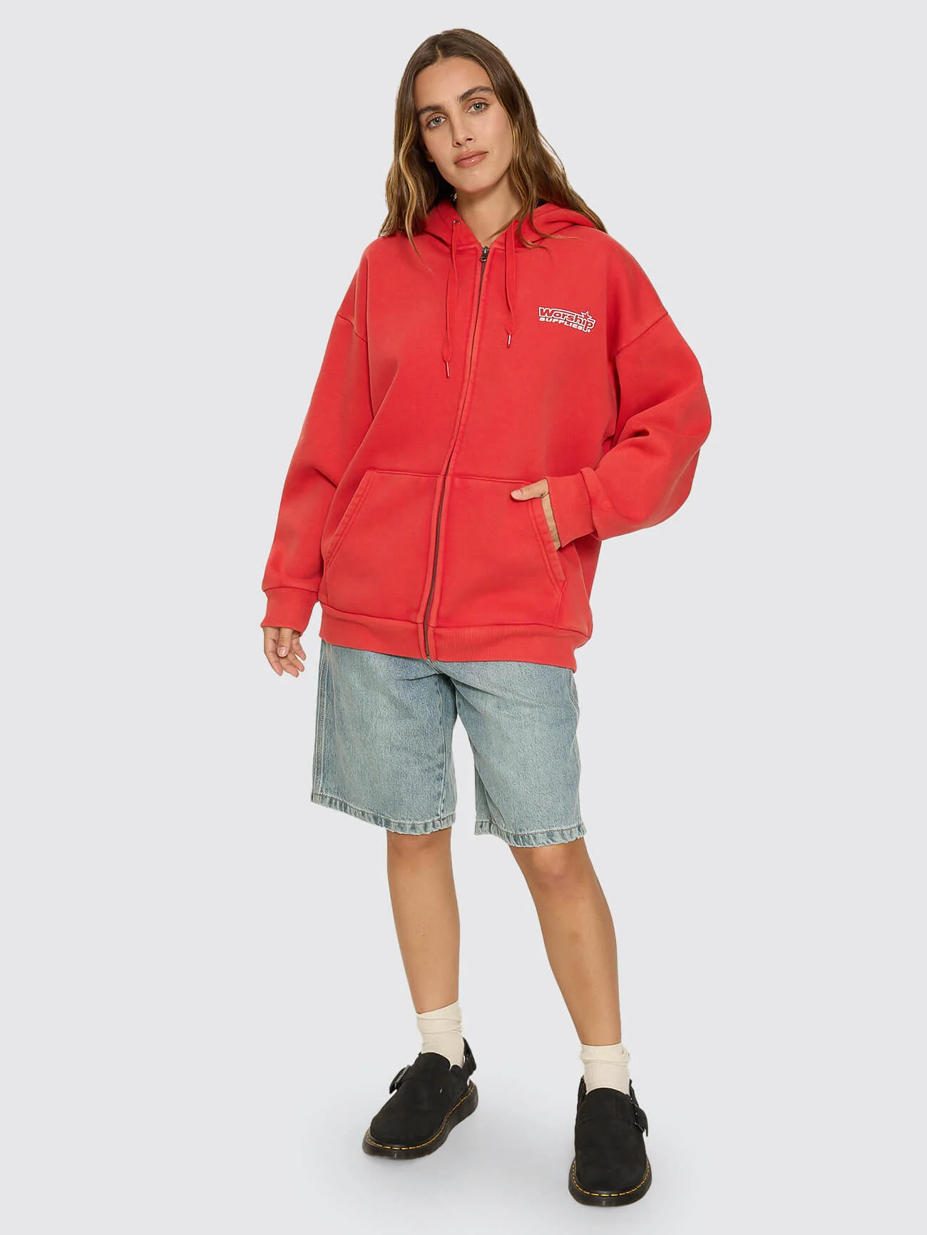 Push Off Zip Through Oversized Fit Hood - Washed Lucky Red - Image 5