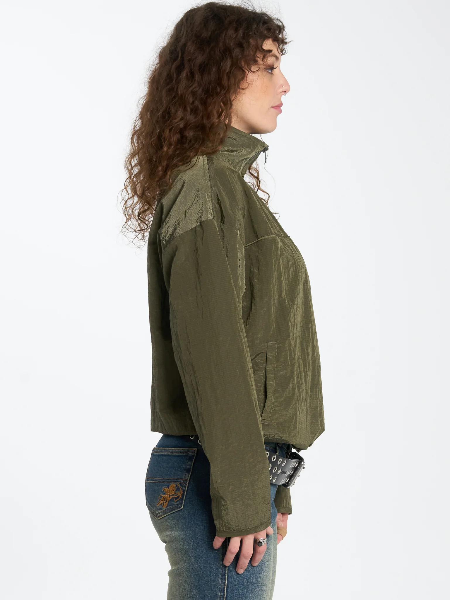 Stained Quarter Zip Nylon Jacket - Stone Grey - Image 4