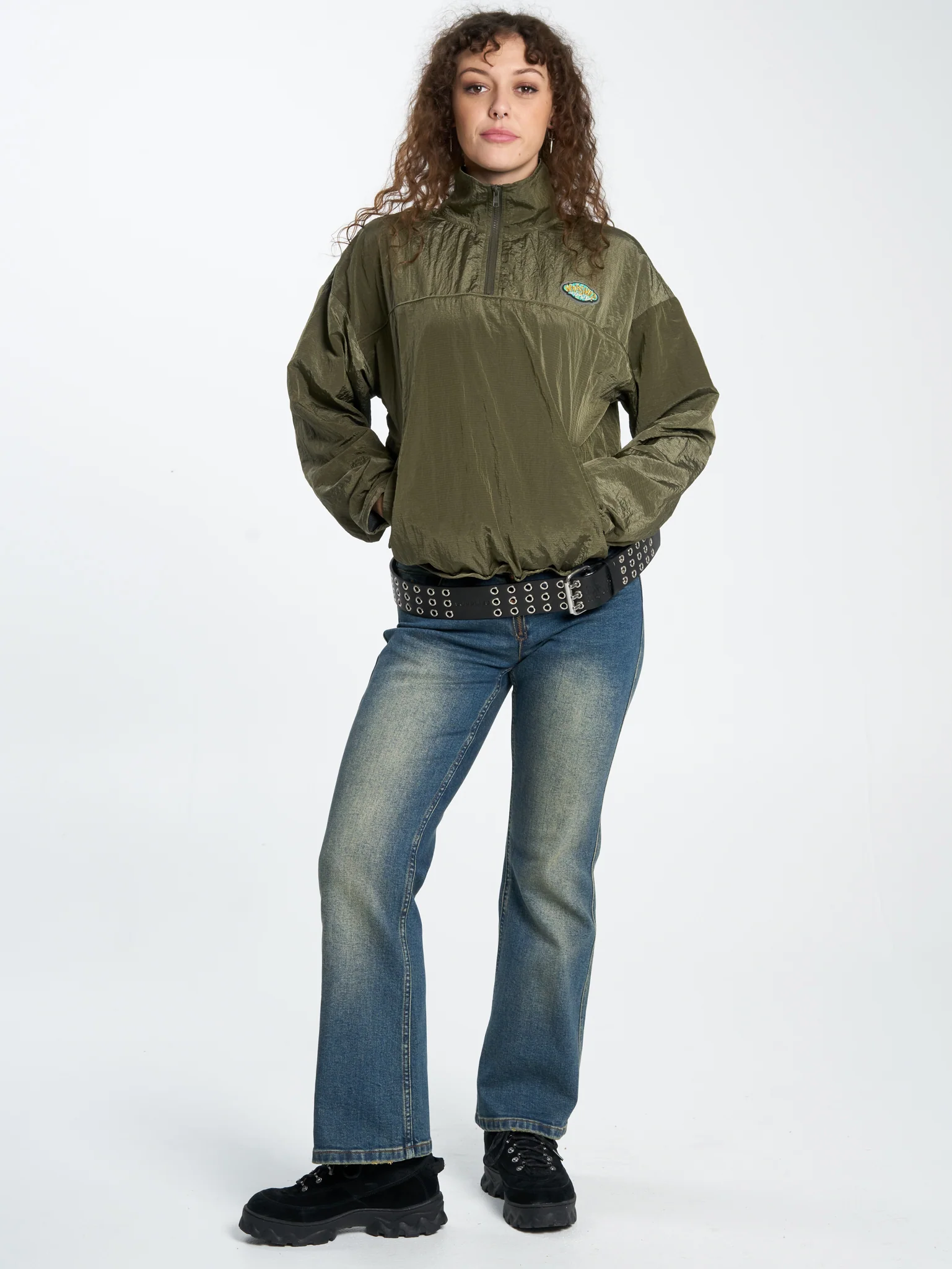 Stained Quarter Zip Nylon Jacket - Stone Grey - Image 5