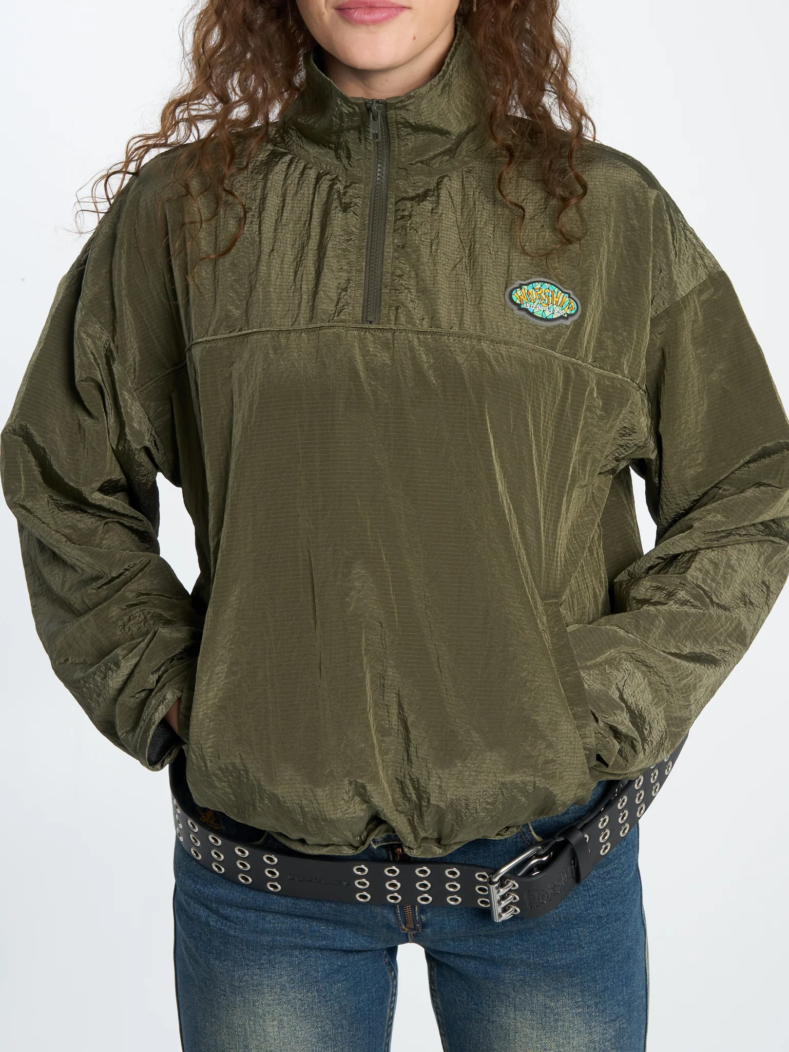 Stained Quarter Zip Nylon Jacket - Stone Grey - Image 6