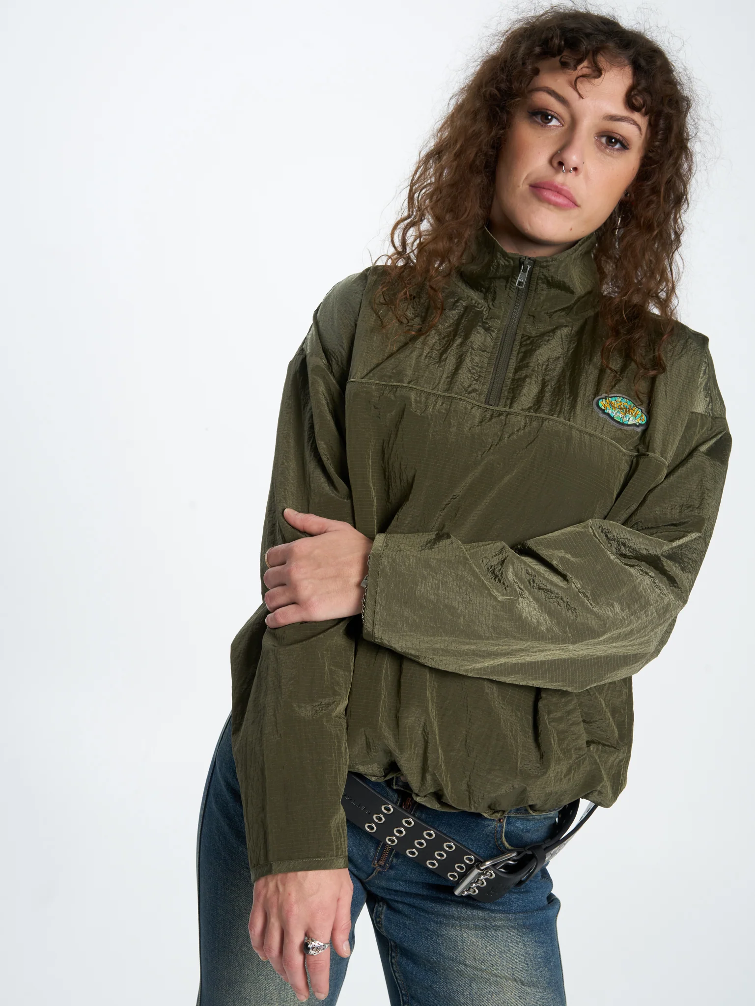 Stained Quarter Zip Nylon Jacket - Stone Grey - Image 7