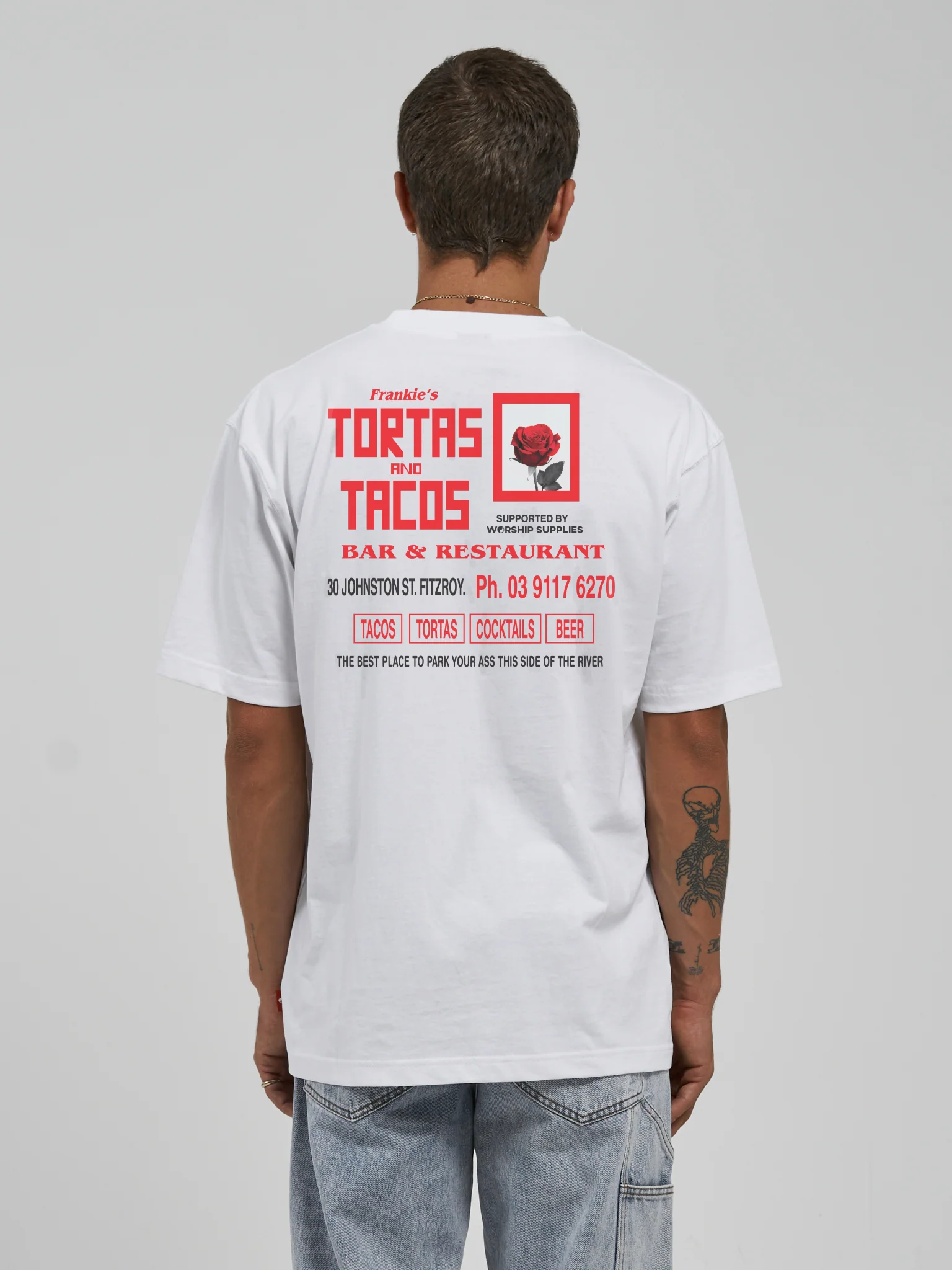 Worship Frankies Tortas And Tacos Tee â€“ White - Image 2