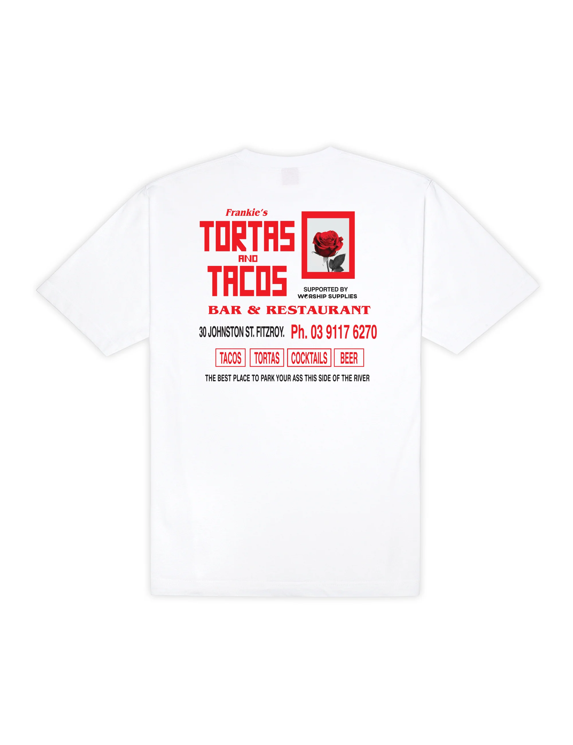 Worship Frankies Tortas And Tacos Tee â€“ White - Image 3